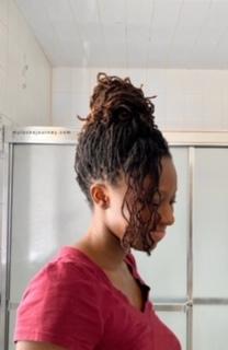 curly locs updo - messy loc bun